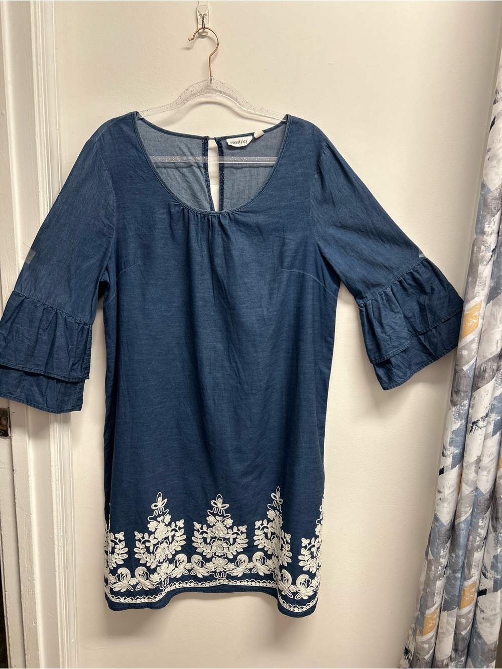 Westport Chambray Boho Folk inspired embroidered shift with tiered bell sleeves